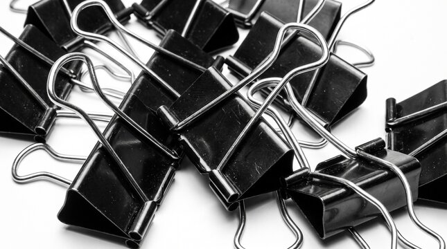 Pile of black metal binder clips on white background.