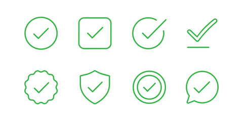 Checkmark icon set, green check mark and tick symbols, approval confirmation and correct choice icons, checklist validation. Green verification checkmark badges round and shield shapes approved ©  