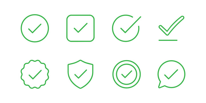 Checkmark icon set, green check mark and tick symbols, approval confirmation and correct choice icons, checklist validation. Green verification checkmark badges round and shield shapes approved