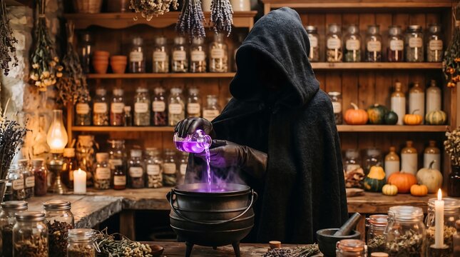 Mysterious hooded wizard brewing purple potion in a dark apothecary, ancient sorcerer mixing magical elixir in a cast iron cauldron, vintage alchemy lab with herbs and bottles