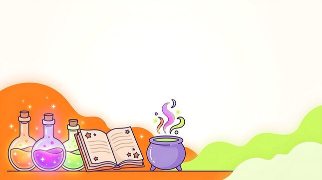 Halloween magic background featuring witch potions cauldron and open spell book with copy space for website header and seasonal party invitation