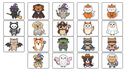 Obraz premium Set of cute cartoon animals in halloween costumes isolated on white background