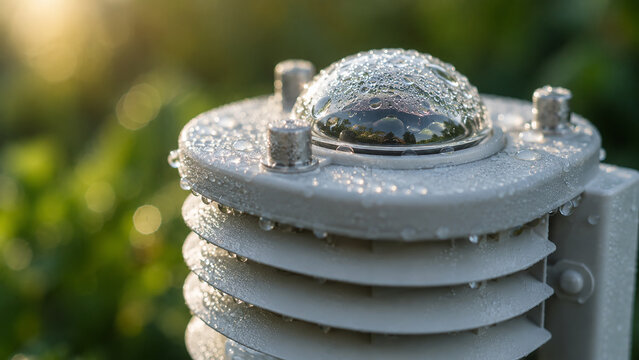 Close-up of a pyranometer solar radiation sensor with water droplets