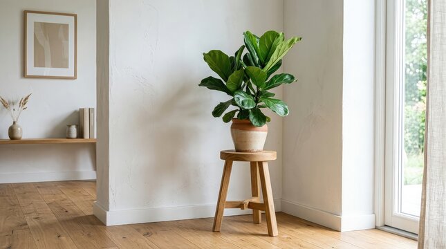 Interior design featuring a fiddle leaf fig plant on a stool near a window with natural light and minimalist decor