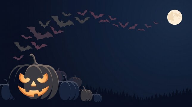 Scary halloween pumpkin with glowing face and flying bats in the dark night with a full moon