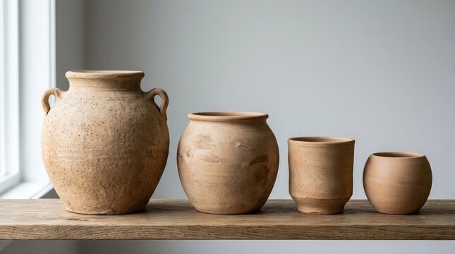 Rustic earthenware pottery collection in varying sizes displayed on a wooden shelf near a window
