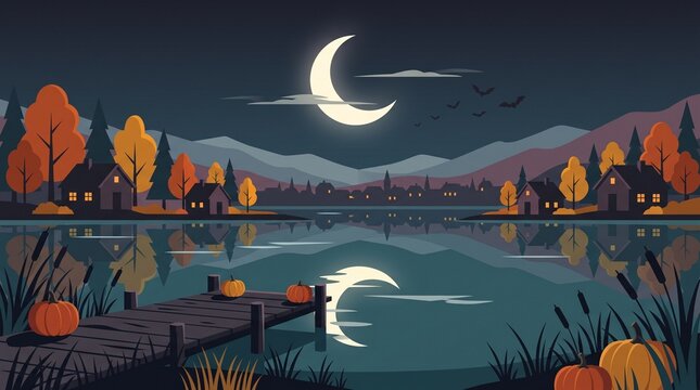Crescent moon shining over a calm lake with autumn trees and small houses at night in fall season