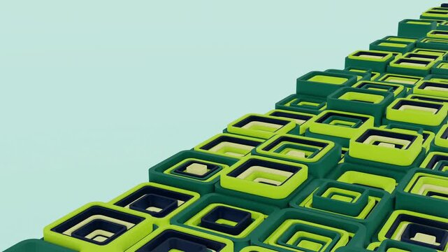 Dynamic 3D geometric background with repeating nested square patterns in green and dark blue tones
