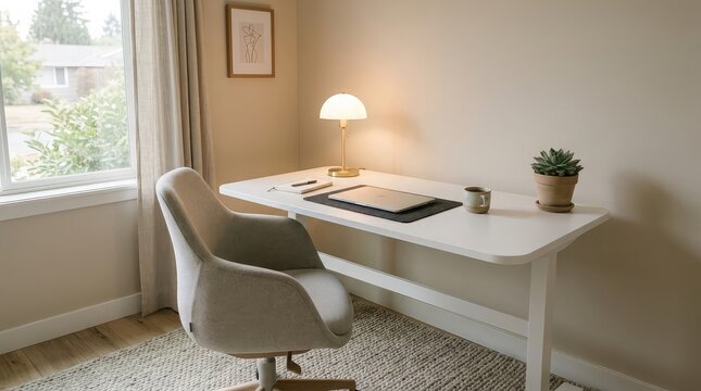 Bright and airy home office setup with a modern desk comfortable chair and minimalist artwork for inspiring work and study spaces