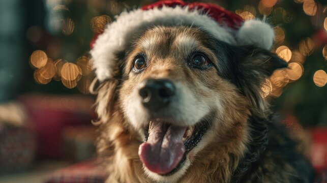 A festive dog wearing a Santa hat sitting beside a Christmas tree, tongue out and happy, soft lighting, 8k, realistic, full ultra HD, high resolution, cinematic photography