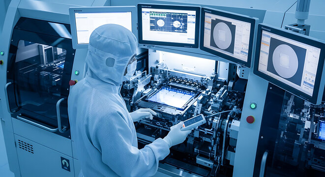Technician operating advanced manufacturing technology in a cleanroom