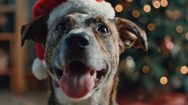 A festive dog wearing a Santa hat sitting beside a Christmas tree, tongue out and happy, soft lighting, 8k, realistic, full ultra HD, high resolution, cinematic photography