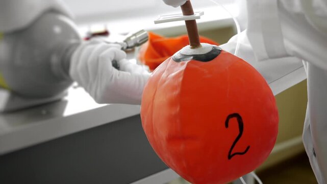Specialist collects a gas sample from a cylinder into a sampling bag for laboratory analysis, air quality testing, hazardous gas detection and industrial safety control.
