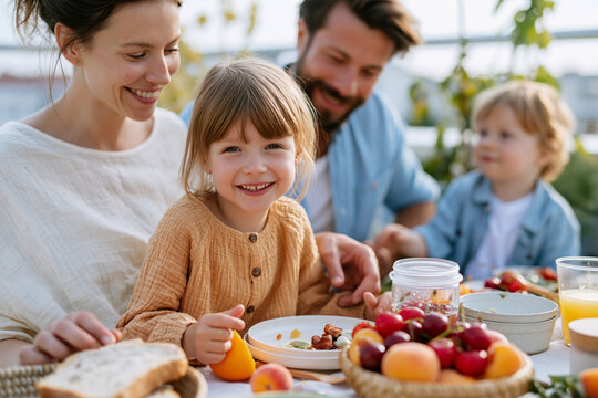 Sunlit table with fresh fruit and toast. Family shares joyful breakfast together. Child beams with delight, eyes sparkling. Parents smile warmly, embrace the moment. Perfect for home, parenting