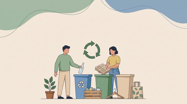 People sorting recyclable waste into color-coded bins