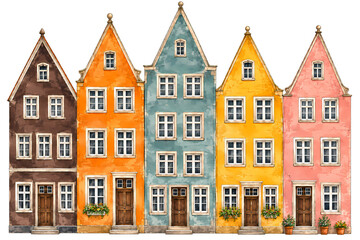 Fototapeta premium Charming watercolor illustration of five colorful traditional European townhouses with steep gabled roofs, symmetrical windows, wooden doors, and floral decorations.