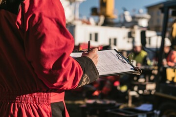 Obraz premium Red high-visibility coverall sleeve and hand writing on a clipboard, focused on a weathered risk assessment form for site audit and safety communication