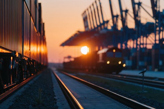Container terminal at sunset with a freight train on oiled rails, glowing amber light and rustic textures for supply chain and logistics marketing