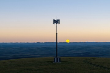 Obraz premium Cellular communications mast on a grassy hill ridge at sunset, featuring weathered steel and a glowing amber sky for rural connectivity marketing