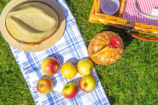 Picnic concept with basket on green sunny lawn in the park