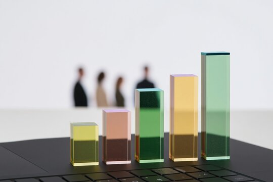 Translucent bar graph columns rising from a dark laptop keyboard, featuring colorful glass layers and blurred figures for financial growth and market forecast