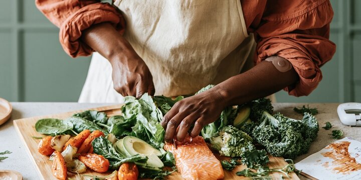 Black woman preparing fresh salmon and vegetables at a kitchen counter for a healthy meal plan focused on insulin resistance management