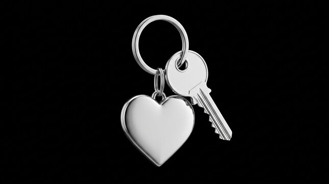 Silver heart keychain with metal key on black background.