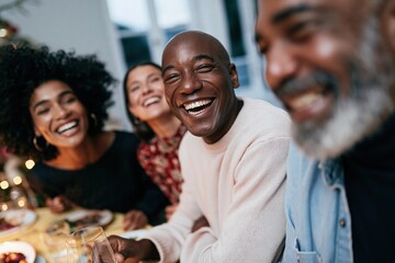 Obraz premium Diverse group of friends laughing at a festive holiday dinner table, featuring a joyful man with a natural expression of mirth for lifestyle and social gathering advertising