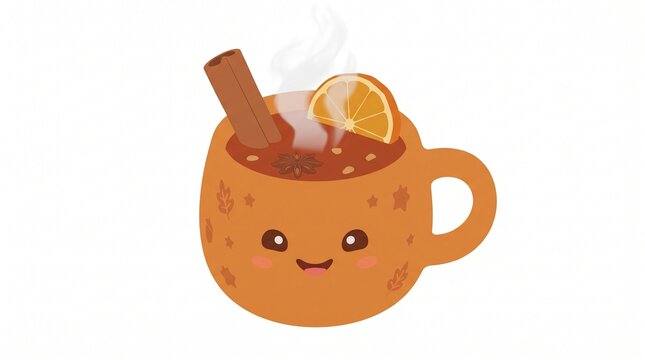 Cartoon orange mug with happy face holding cinnamon stick and apple slice for cozy autumn drink