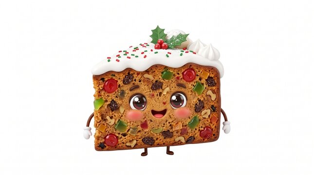 Smiling cartoon fruitcake slice with holly berries and icing for festive holiday celebration design