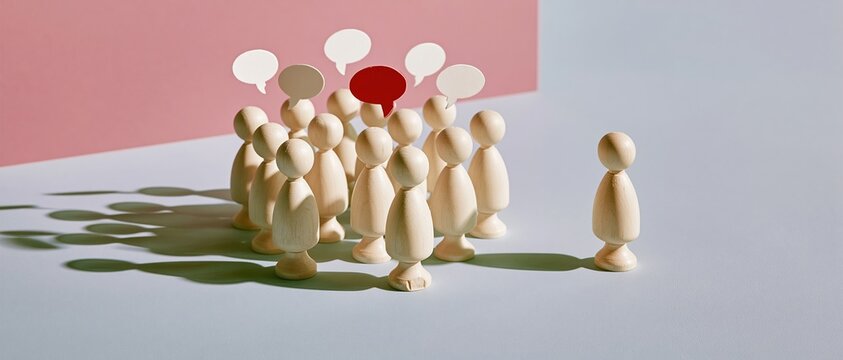 Wooden peg figures with speech bubbles, featuring one isolated figure on a soft blue surface for diversity and inclusion concepts with copy space