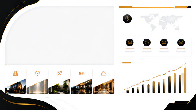 Modern luxury real estate presentation dashboard template with building imagery and growth chart