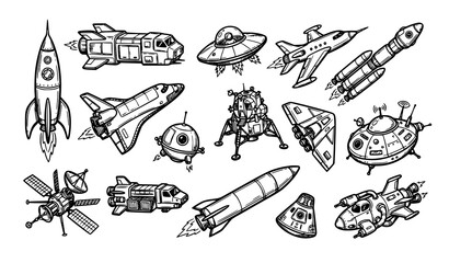 Retro Sci Fi Spacecraft and Rocket Hand Drawn Line Art Vector Collection © Md Monirul