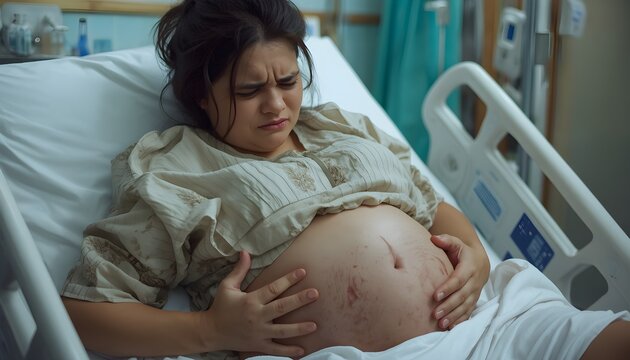 Pregnant woman having contractions in labour pain
