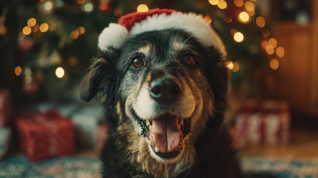 A festive dog wearing a Santa hat sitting beside a Christmas tree, tongue out and happy, soft lighting, 8k, realistic, full ultra HD, high resolution, cinematic photography