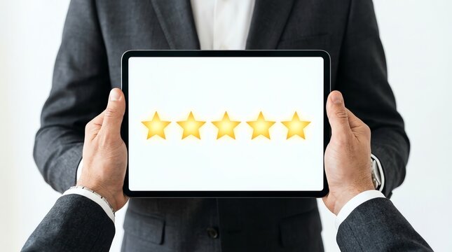Professional Businessman Holding a Digital Tablet Displaying a Five Star Customer Satisfaction Rating for Excellent Service Quality