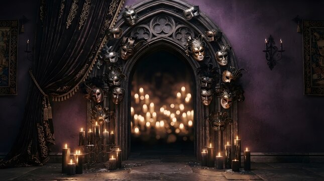 Gothic archway decorated with venetian masks and burning candles