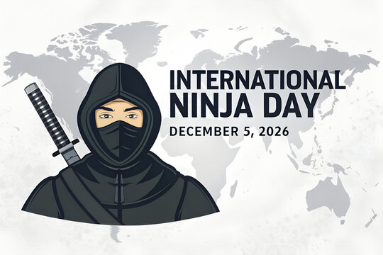 International ninja day illustration with a masked ninja character and world map