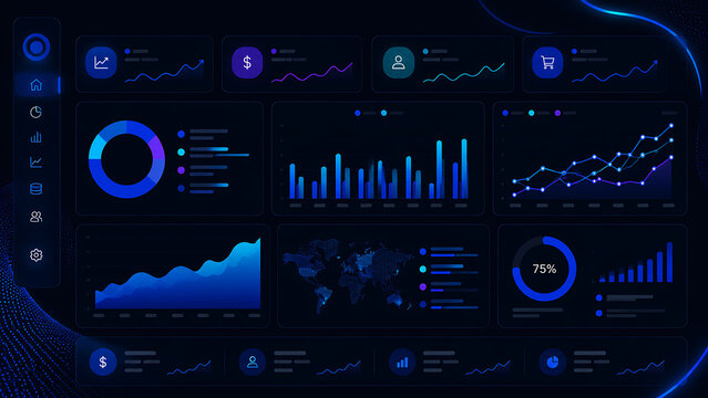 Futuristic digital business dashboard interface with data visualization charts and graphs on dark blue background