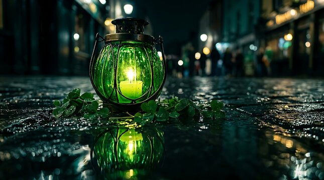 Green lantern floating on dark water at night