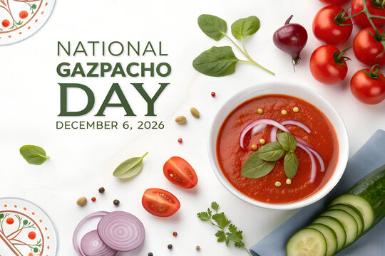National gazpacho day celebration with bowl of cold tomato soup and fresh