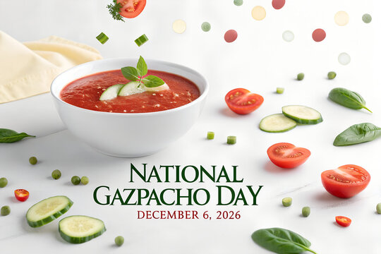 National gazpacho day featuring chilled tomato soup bowl and fresh ingredients
