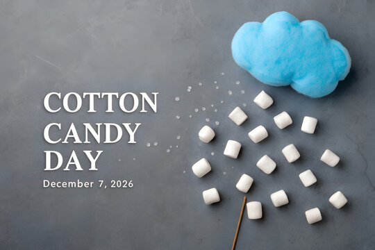 National cotton candy day greeting with blue cloud and scattered marshmallows