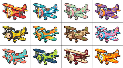 Cute Cartoon Biplane Collection Isolated Transparent Background © Titip