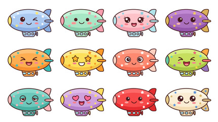 Cute Kawaii Blimps Collection - Adorable Cartoon Airships Isolated © Titip