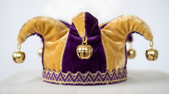 A purple and gold velvet jester hat with bells isolated on white background