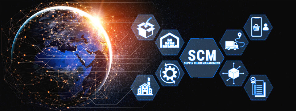 Global Supply Chain Management Concept with Earth Visual and Icons Representing Logistics, Production, and Distribution Strategies for Business Efficiency Fluxor.