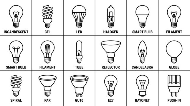 Light bulb types chart including LED, CFL, and incandescent.