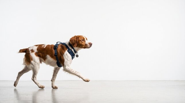 brittany spaniel dog walking with a blue harness on a studio floor