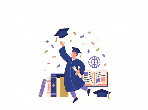 Graduate throwing graduation cap with confetti and diploma